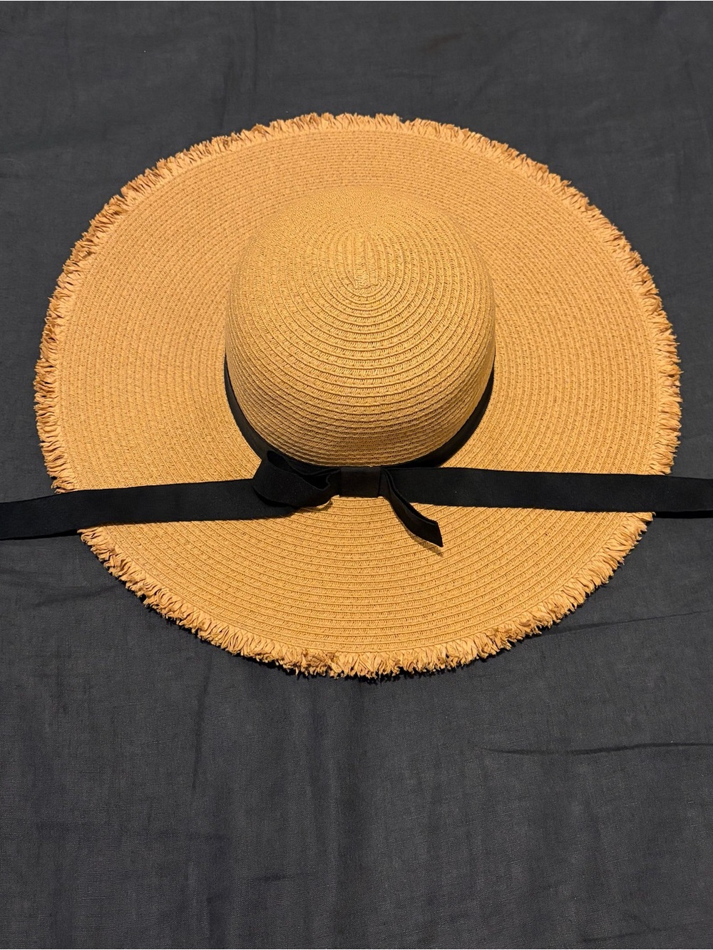 Wide Brim Straw Sun Hat with Black Ribbon - Camel